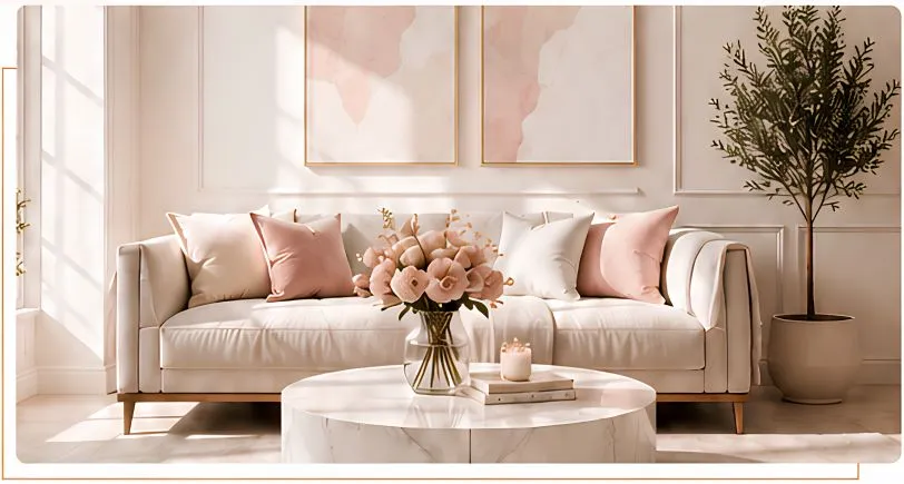 Elegantly styled clean living room with blush sofa, roses, and marble coffee table